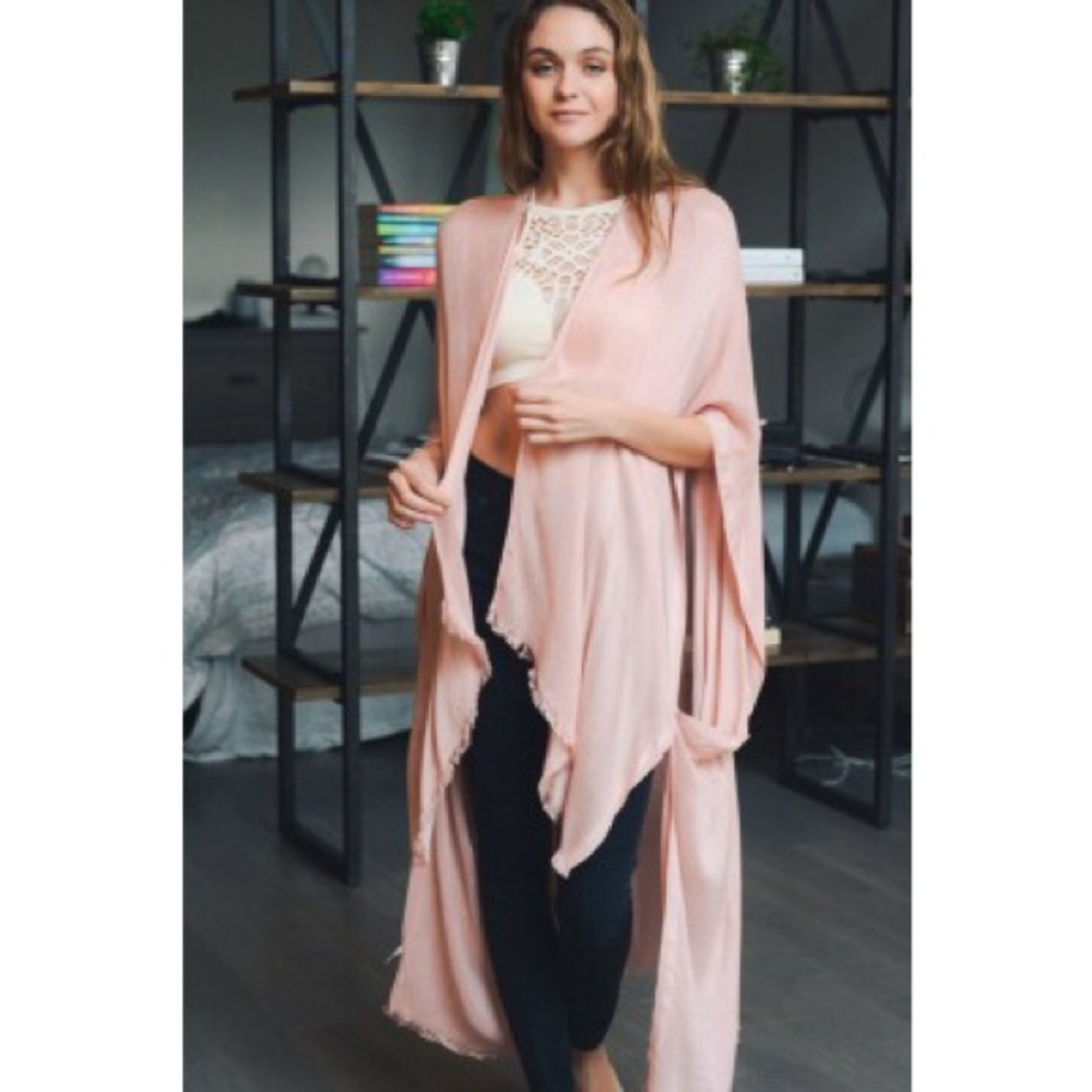 Blush Open Grid Frayed Trim Arm Hole Kimono - Picture 4 of 8